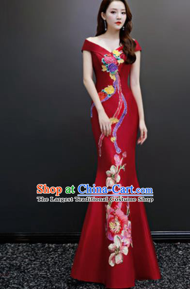 Top Compere Embroidered Wine Red Flat Shoulder Full Dress Evening Party Costume for Women