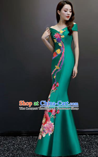 Top Compere Embroidered Green Flat Shoulder Full Dress Evening Party Costume for Women