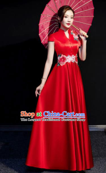 Chinese Compere National Red Qipao Dress Traditional Embroidered Peony Cheongsam Costume for Women