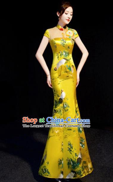 Chinese National Printing Crane Golden Brocade Qipao Dress Traditional Compere Cheongsam Costume for Women