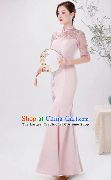 Chinese Compere National Embroidered Pink Qipao Dress Traditional Cheongsam Costume for Women