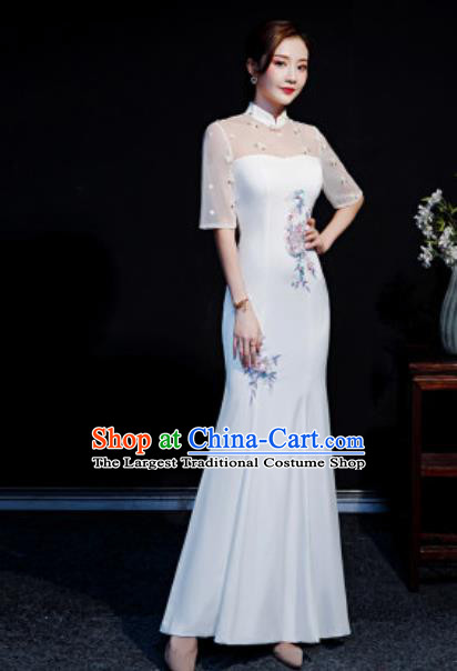 Chinese Compere National White Qipao Dress Traditional Cheongsam Costume for Women