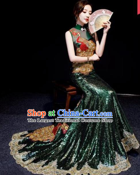 Chinese National Embroidered Peacock Atrovirens Trailing Qipao Dress Traditional Compere Cheongsam Costume for Women