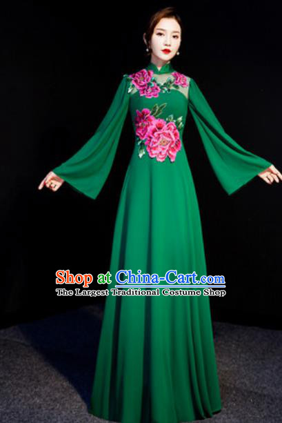 Chinese Spring Festival Gala Embroidered Peony Green Qipao Dress Traditional Compere Cheongsam Costume for Women