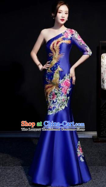 Chinese Compere National Embroidered Phoenix Peony Royalblue Fishtail Full Dress Traditional Cheongsam Costume for Women