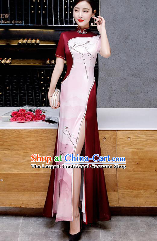 Chinese Spring Festival Gala Printing Pink Qipao Dress Traditional Compere Cheongsam Costume for Women