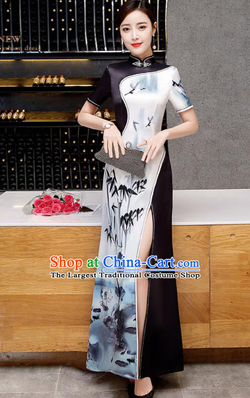 Chinese Spring Festival Gala Printing Bamboo Qipao Dress Traditional Compere Cheongsam Costume for Women