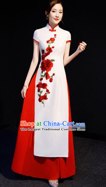 Chinese Spring Festival Gala Embroidered Red Peach Blossom Qipao Dress Traditional Compere Cheongsam Costume for Women