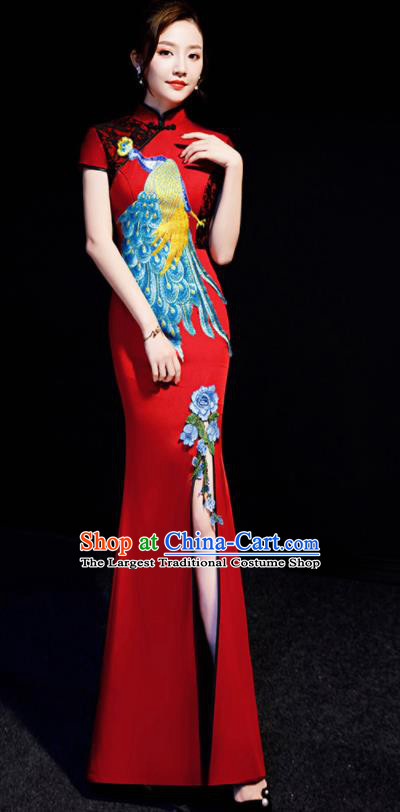 Chinese Traditional Embroidered Peacock Red Qipao Dress Spring Festival Gala Compere Cheongsam Costume for Women