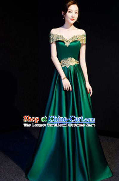 Top Compere Green Flat Shoulder Full Dress Evening Party Costume for Women