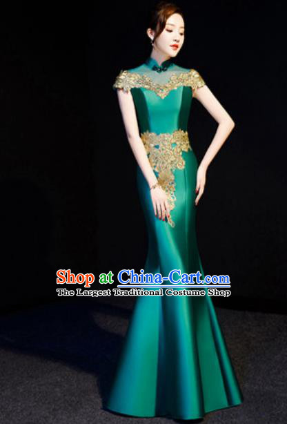 Chinese Traditional Bride Embroidered Green Qipao Dress Spring Festival Gala Compere Cheongsam Costume for Women