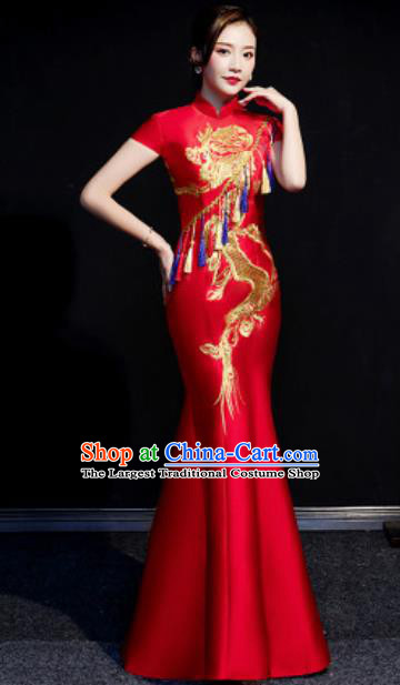 Chinese Compere National Embroidered Dragon Red Full Dress Traditional Cheongsam Costume for Women