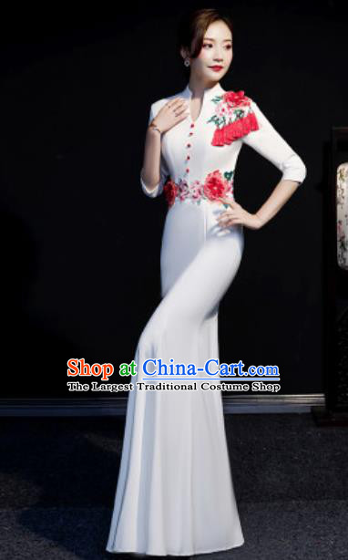 Chinese Compere National Embroidered Peony White Full Dress Traditional Cheongsam Costume for Women