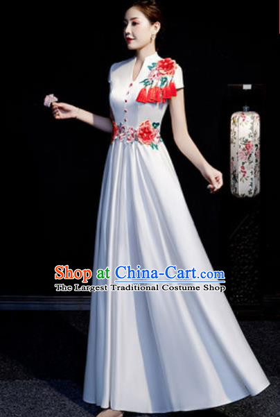 Chinese Compere Embroidered Peony White Full Dress Traditional National Cheongsam Costume for Women