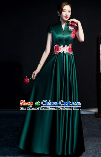 Chinese Compere Embroidered Peony Atrovirens Full Dress Traditional National Cheongsam Costume for Women