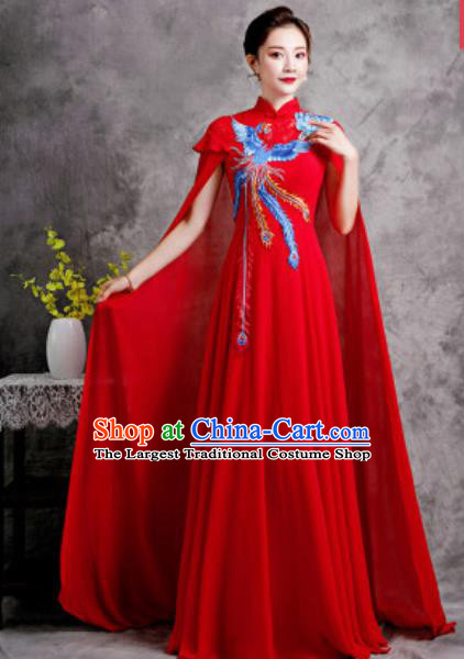 Chinese Compere Embroidered Phoenix Red Trailing Full Dress Traditional National Cheongsam Costume for Women