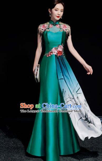 Chinese National Embroidered Green Qipao Dress Traditional Compere Cheongsam Costume for Women