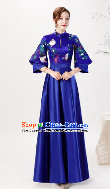 Chinese Compere Embroidered Royalblue Brocade Full Dress Traditional National Cheongsam Chorus Costume for Women