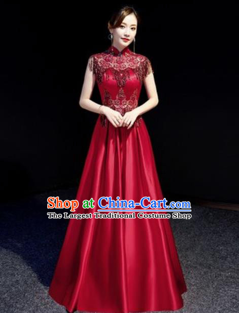 Chinese Compere Wine Red Full Dress Traditional National Cheongsam Chorus Costume for Women