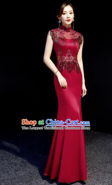 Chinese Chorus Wine Red Tassel Full Dress Traditional National Compere Cheongsam Costume for Women