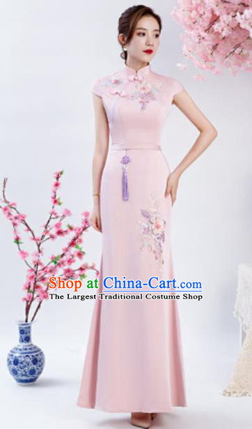 Chinese Chorus Embroidered Peony Pink Qipao Dress Traditional National Compere Cheongsam Costume for Women