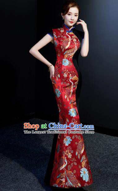 Chinese Chorus Red Mermaid Qipao Dress Traditional National Compere Cheongsam Costume for Women