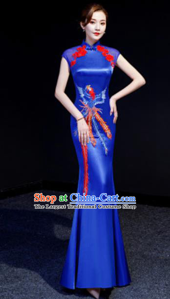 Chinese Chorus Embroidered Phoenix Royalblue Mermaid Qipao Dress Traditional National Compere Cheongsam Costume for Women