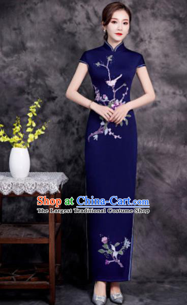 Chinese Chorus Embroidered Navy Qipao Dress Traditional National Compere Cheongsam Costume for Women