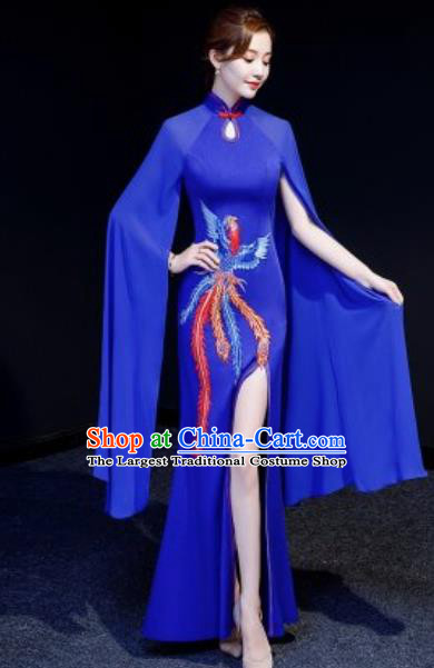 Chinese National Embroidered Phoenix Royalblue Qipao Dress Traditional Compere Cheongsam Costume for Women