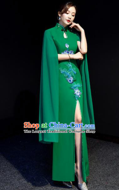 Chinese National Embroidered Lotus Green Qipao Dress Traditional Compere Cheongsam Costume for Women