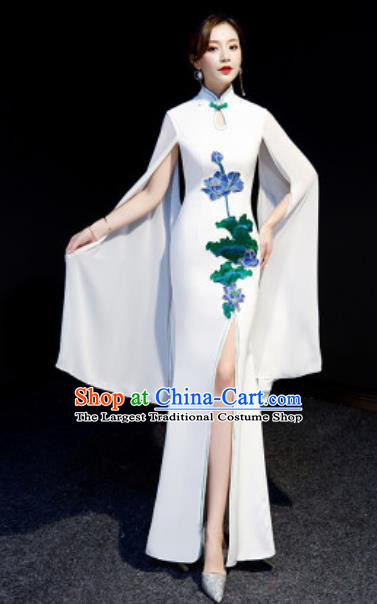 Chinese National Embroidered Lotus White Qipao Dress Traditional Compere Cheongsam Costume for Women