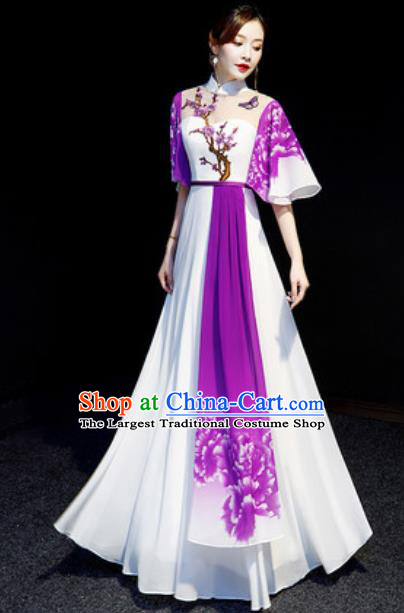 Chinese National Embroidered Plum Purple Qipao Dress Traditional Compere Cheongsam Costume for Women