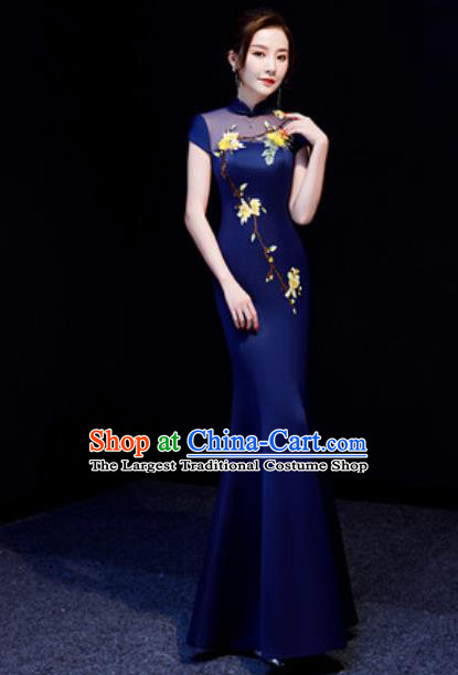 Chinese National Embroidered Navy Qipao Dress Traditional Compere Cheongsam Costume for Women