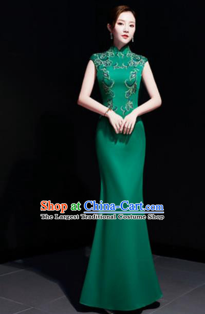 Chinese Traditional Embroidered Green Qipao Dress Compere Cheongsam Costume for Women