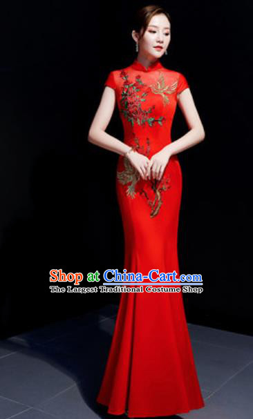 Chinese Traditional Embroidered Peony Red Qipao Dress Compere Cheongsam Costume for Women