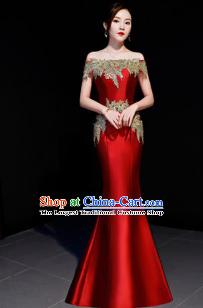 Top Compere Catwalks Embroidered Wine Red Full Dress Evening Party Costume for Women