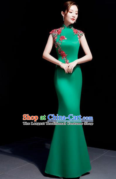 Chinese Traditional Embroidered Rose Green Qipao Dress Compere Cheongsam Costume for Women