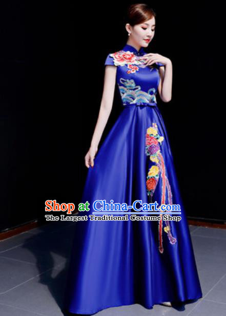 Chinese Traditional Chorus Embroidered Phoenix Peony Royalblue Dress Compere Cheongsam Costume for Women