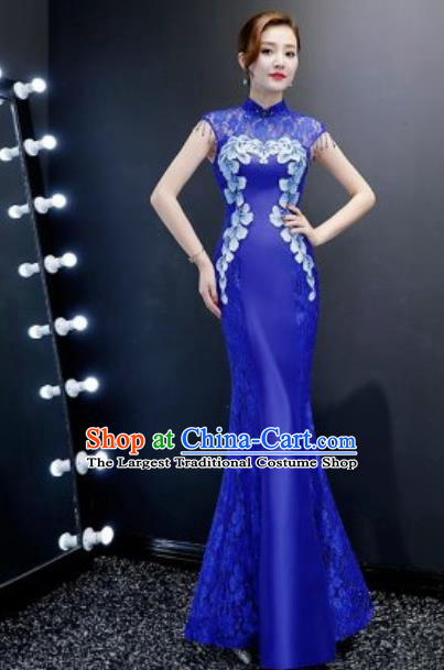 Chinese Traditional Chorus Embroidered Royalblue Lace Dress Compere Cheongsam Costume for Women