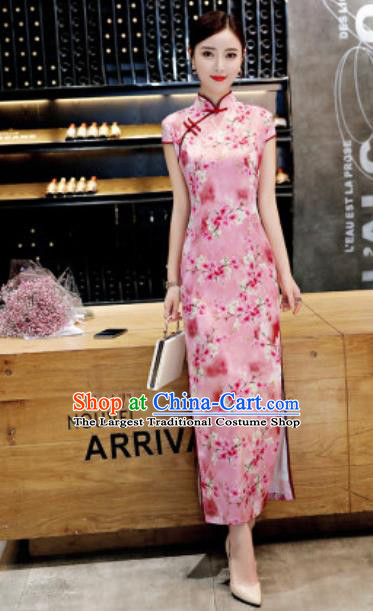 Chinese Traditional Printing Peach Blossom Pink Qipao Dress Compere Cheongsam Costume for Women