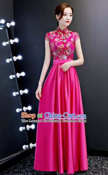 Chinese Traditional Rosy Qipao Dress Compere Cheongsam Costume for Women