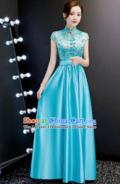 Chinese Traditional Blue Qipao Dress Compere Cheongsam Costume for Women