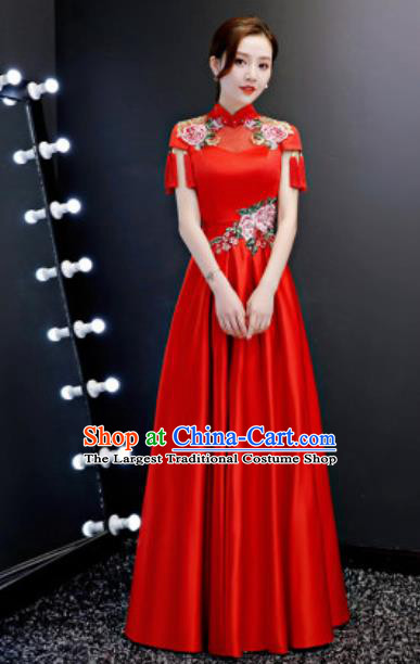 Top Compere Catwalks Embroidered Peony Red Full Dress Evening Party Costume for Women