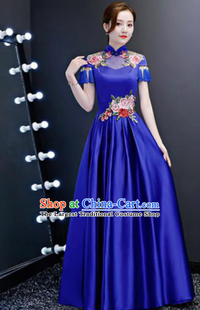 Top Compere Catwalks Embroidered Peony Royalblue Full Dress Evening Party Costume for Women