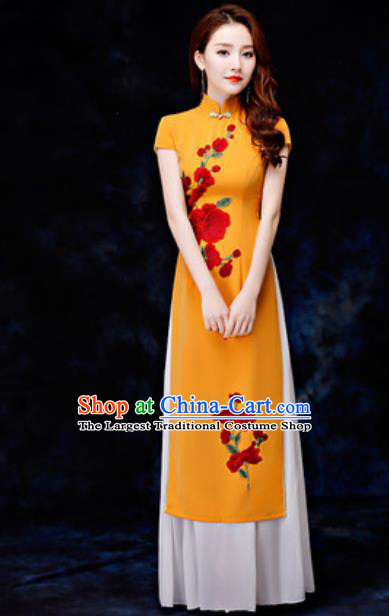 Chinese Traditional Printing Yellow Qipao Dress Compere Cheongsam Costume for Women