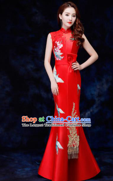 Chinese Traditional Embroidered Birds Red Qipao Dress Compere Cheongsam Costume for Women