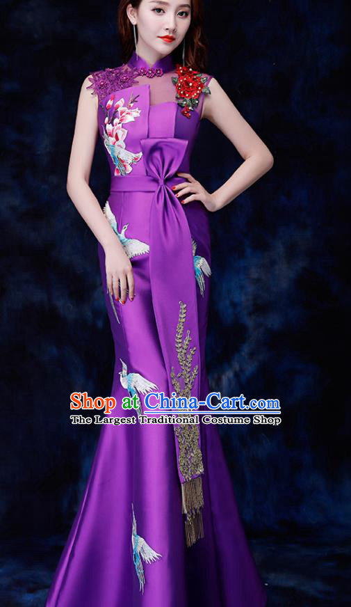 Chinese Traditional Embroidered Birds Purple Qipao Dress Compere Cheongsam Costume for Women