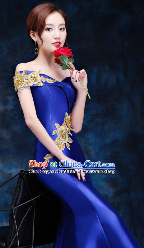 Top Compere Catwalks Embroidered Royalblue Full Dress Evening Party Compere Costume for Women