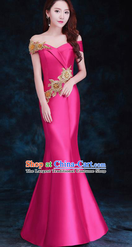 Top Compere Catwalks Embroidered Rosy Full Dress Evening Party Compere Costume for Women