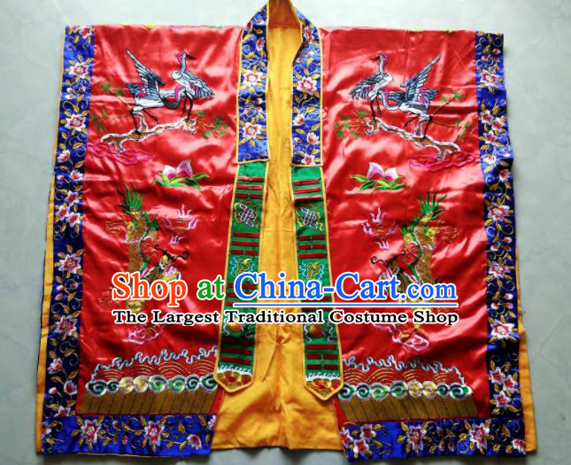 Chinese National Quanzhen Red Taoist Frock Embroidered Cranes Cassock Traditional Taoism Rites Costume for Men